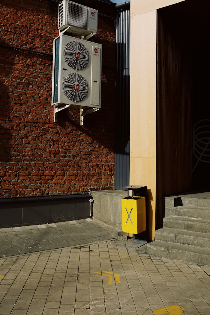services-01 Modern exterior with HVAC units on a brick wall and a yellow waste bin near stairs.
